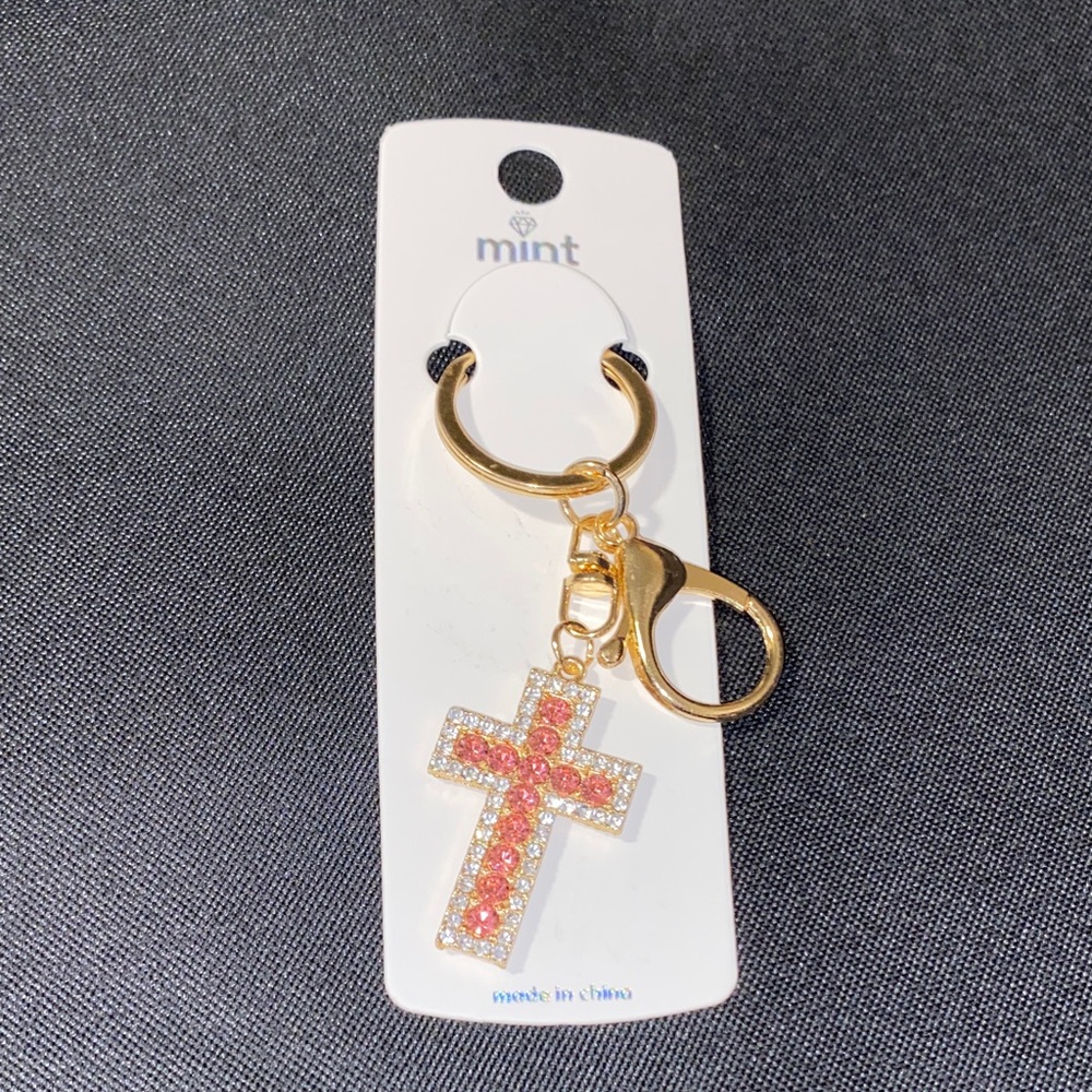Mint Pink and Gold Cross Keychain